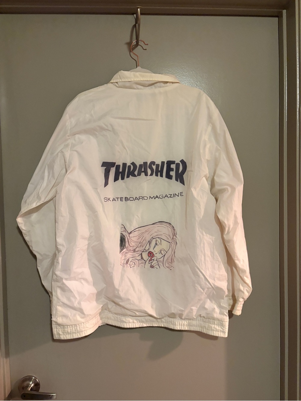 Thrasher White Jacket with Black Logo and Pink Graphic